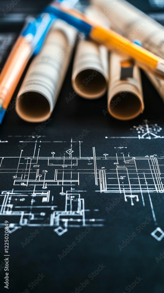 Poster architectural blueprints and rolled construction drawings on dark background with pencils, capturing