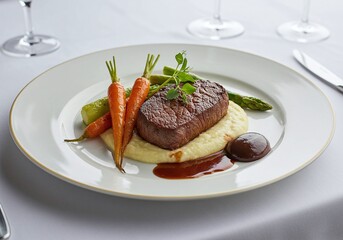 Grilled meats and vegetables served as a gourmet dinner meal