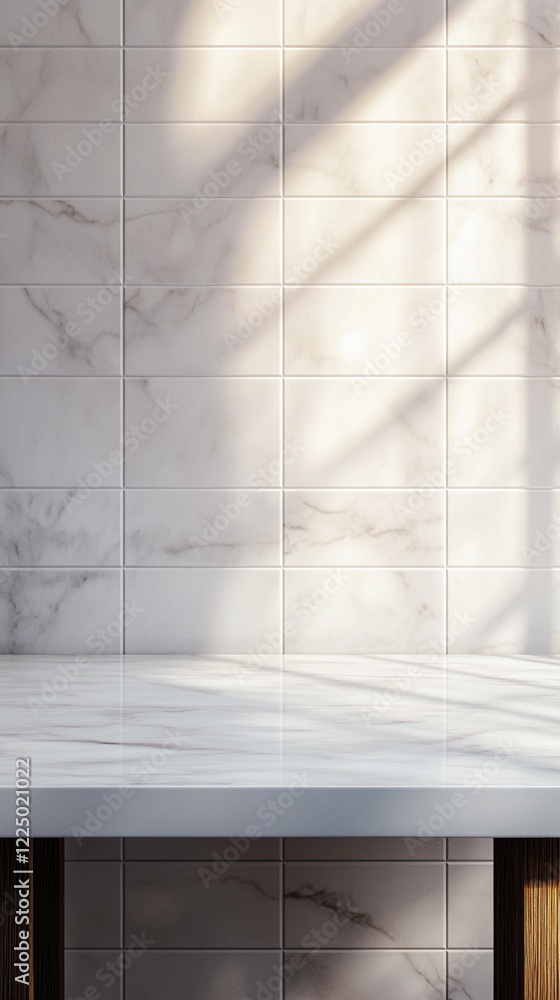 Poster elegant white marble tiled wall with natural sunlight casting soft diagonal shadows, creating depth 