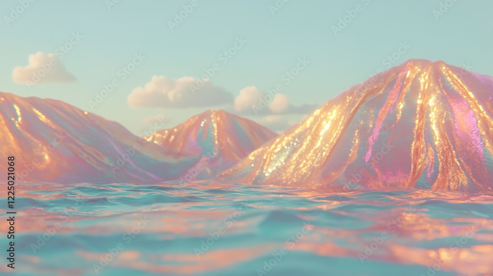 Poster an image of a mountain range with a lake in front and clouds behind, created by a computer