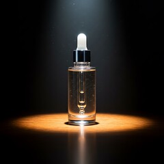Naklejka premium Radiant Glow Serum Dropper Bottle on Wooden Surface with Futuristic Lighting