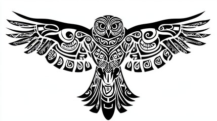 Detailed tribal design featuring an owl with spread wings in black and white