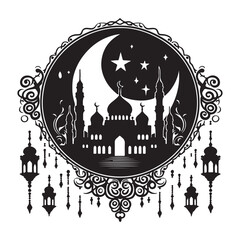 Elegant muslim festival design with crescent moon and lanterns