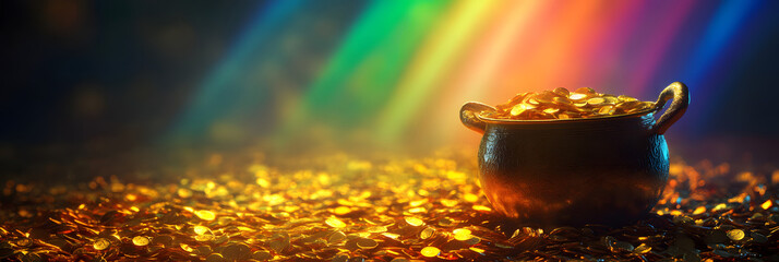 Saint Patrick's Day background. Black pot full of gold coins and leprechaun hat
