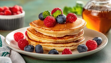 Delicious Pancakes with Berries and Syrup- A Sunny Morning Treat 