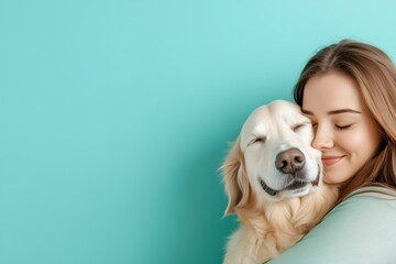 Warm embrace between a girl and her golden retriever against a vibrant background