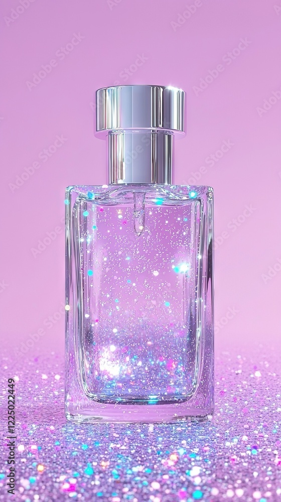 Poster a bottle of perfume with a close-up view on a purple background that sparkles with glitter at the bo