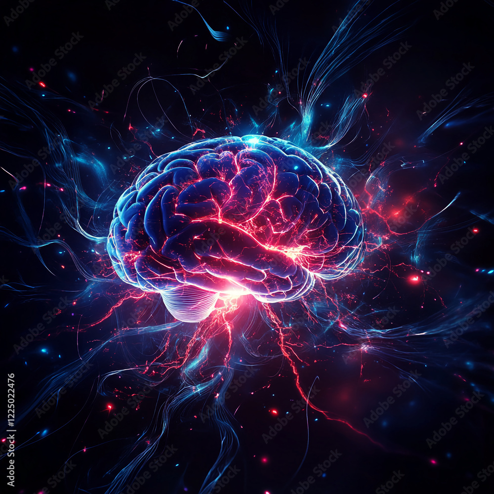 Poster A glowing brain in vibrant colors, representing mental activity and advanced cognitive processes, set against a cosmic background of energy flows and neural connections.