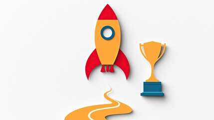 A colorful rocket and trophy illustration representing achievement and success, isolated on a white background.