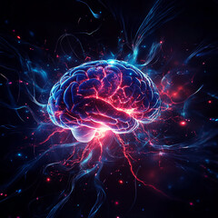 Obraz premium A glowing brain in vibrant colors, representing mental activity and advanced cognitive processes, set against a cosmic background of energy flows and neural connections.