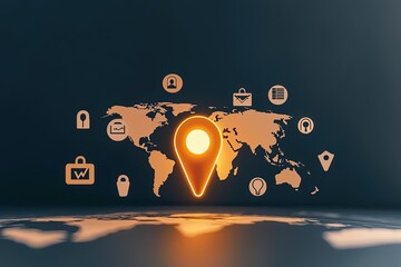 A digital representation of a world map with icons and a glowing location pin, symbolizing global connectivity and location-based services.