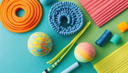 A colorful still life of foam rolling accessories, including a massage ball and resistance bands, arranged aesthetically on a yoga mat