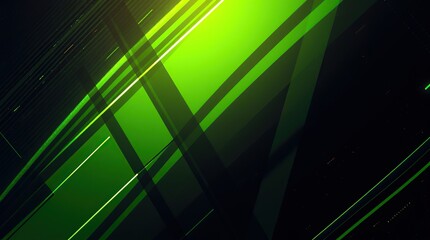 Obraz premium Graphic design template set against a vibrant, neon-lit black and lime green abstract background with a geometric pattern of diagonal line stripes and angular 3D shadows.