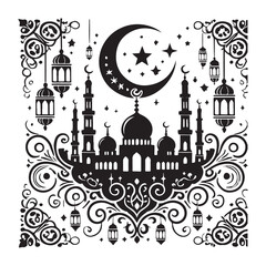 Elegant muslim festival design with crescent moon and lanterns
