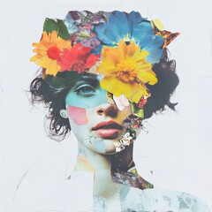 Abstract contemporary art collage portrait of young woman with flowers