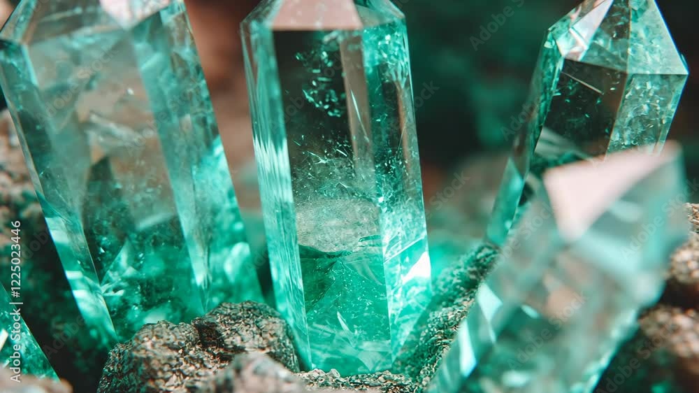 Poster unique emerald crystals sparkling under light in a natural setting showcasing intricate details and 