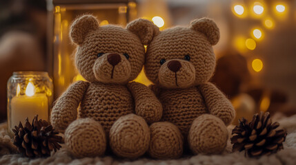 A pair of hand-knitted teddy bears placed in a warm, inviting environment with soft lighting and cozy details