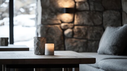 A cozy living room with a wooden table and a couch