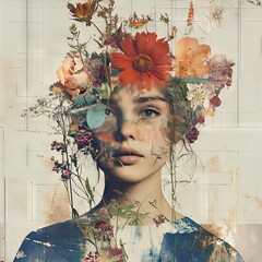 Abstract contemporary art collage portrait of young woman with flowers