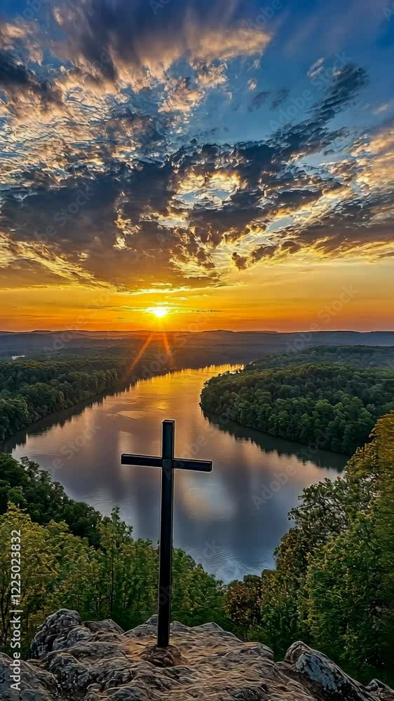 Poster Sunset view over the river from a hilltop cross surrounded by trees and clouds in the evening sky
