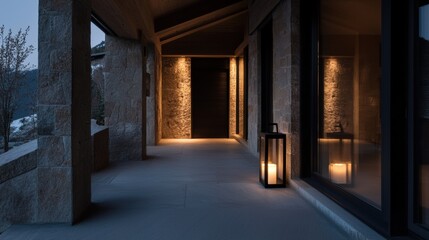Fototapeta premium A dark hallway with a black door and a black lantern
