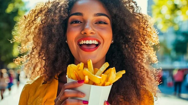Young woman enjoying fries outdoors on sunny day. Delighted female relishes snack in city. Joyful diner experiences street food. Casual meal enriches urban afternoon. Happy eating outdoor delights.