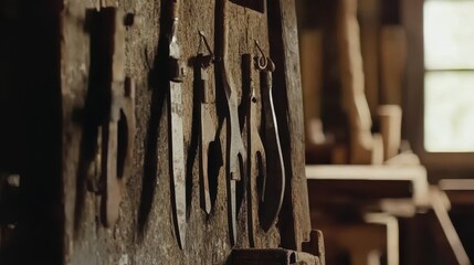 Rustic Workshop with Vintage Hand Tools Hanging on Wooden Wall