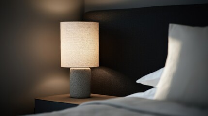 A lamp is lit up on a bed