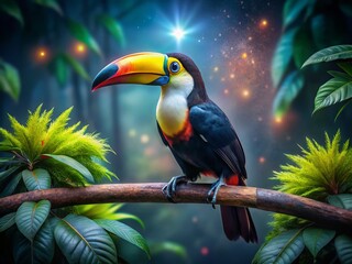 Fototapeta premium Vibrant Toucan in Low Light Rainforest - Night Photography