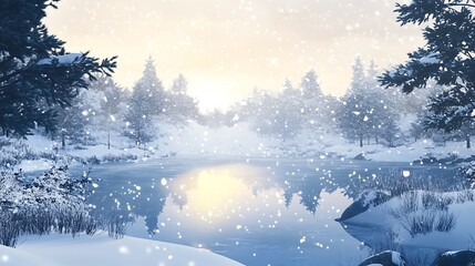 Fototapeta premium Winter landscape with a snowy pond serves as a seasonal background for holiday marketing.