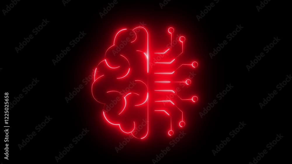 Poster human brain with tech icon. neon icon with man head gears. mental health concept. abstract circuit b