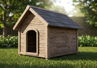 Wooden Dog house in the grass 