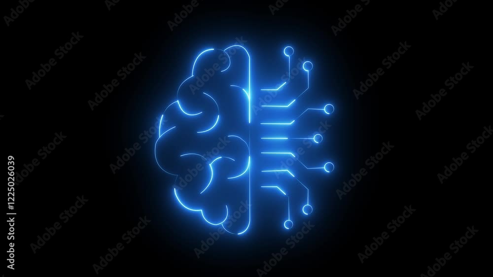 Poster human brain with tech icon. neon icon with man head gears. mental health concept. abstract circuit b