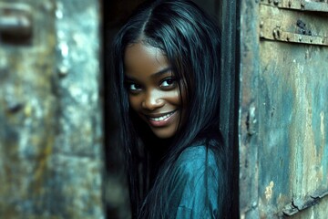 Obraz premium Long hairdo - straight hair. Commercial ad concept image. Pretty smiling black girl - for ads, banner and internet use. Chic african american style. African hair glamour. Elegant black woman.