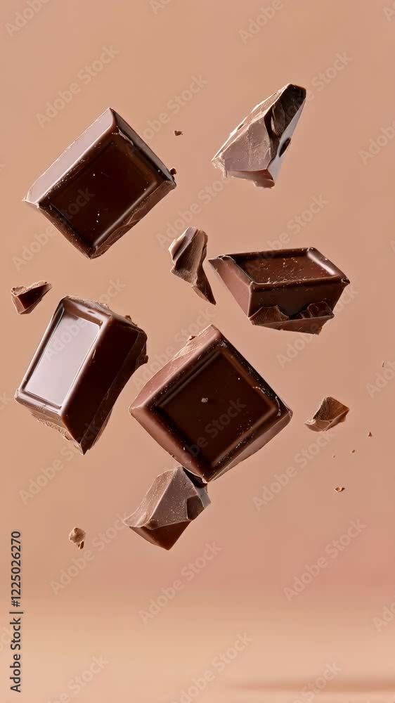 Poster Chunks of dark chocolate in various sizes levitating against a rich brown background create a visually enticing and indulgent scene, inviting a sense of delicious luxury