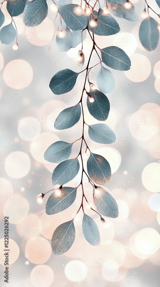 Poster a sharp image of a tree branch with foliage against a clear background, illuminated by soft light so