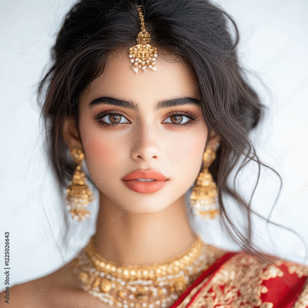 Sticker young indian woman wearing traditional sari and jewelry