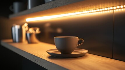 Obraz premium A coffee cup sits on a shelf next to a coffee maker
