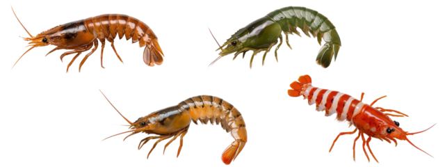 Set of colorful shrimp and prawn species, isolated on transparent background