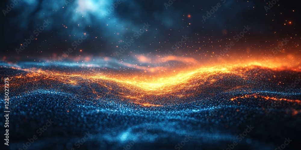 Poster burning landscape abstract glowing particle wave background with fire and ice texture