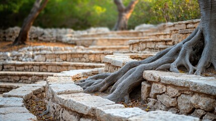 Obraz premium Tree roots sprawling over ancient stone terraces in a lush, green park setting
