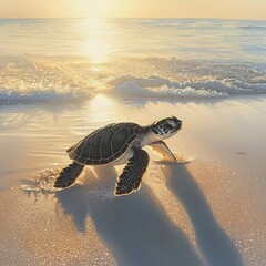 Baby sea turtle crawling on sandy beach at sunrise.