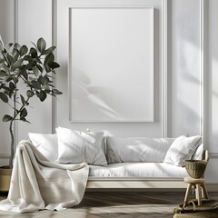 Mockup in the living room for a picture, poster. Stylish living room with minimalist design featuring a bright sofa and indoor plant