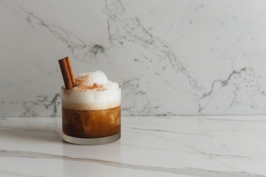 Modern presentation of carajillo on marble surface with cinnamon garnish