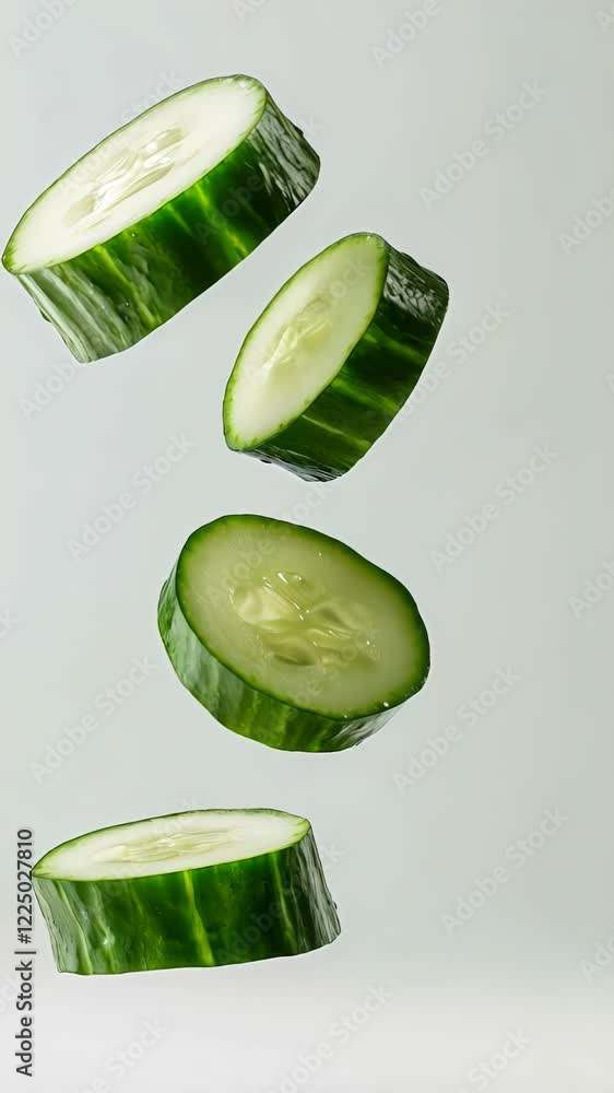 Poster Four slices of fresh cucumber are levitating against a minimalist white backdrop, creating a visually appealing display of healthy, refreshing ingredients