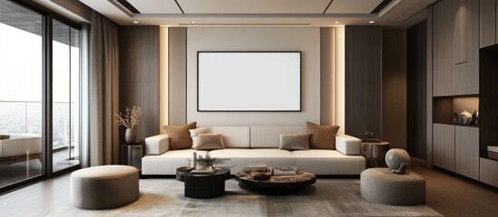 Modern minimalist living room with neutral tones and blank picture frame for art display