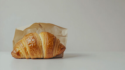 Brown paper bag filled with a freshly baked golden croissant, isolated on a clean white background