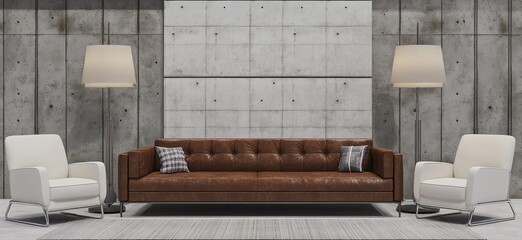 Modern living room with brown leather sofa, white armchairs, and floor lamps against a concrete wall.
