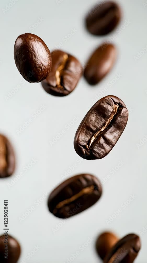 Poster levitating roasted coffee beans create a dynamic and captivating scene against a clean white backgro