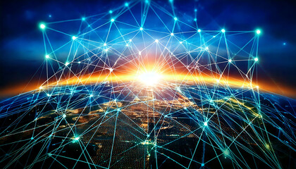 Stunning abstract image depicting global network connections over a planet Earth at sunrise.  Perfect for illustrating concepts of connectivity, technology, communication, and global business.